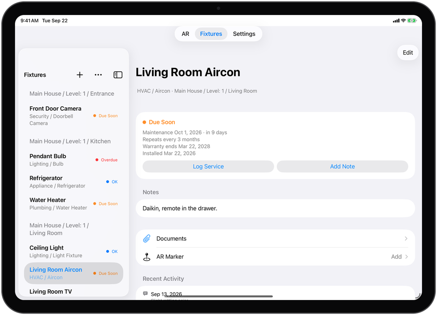 Husvarde's grouped fixture list and the redesigned fixture screen side-by-side on iPad