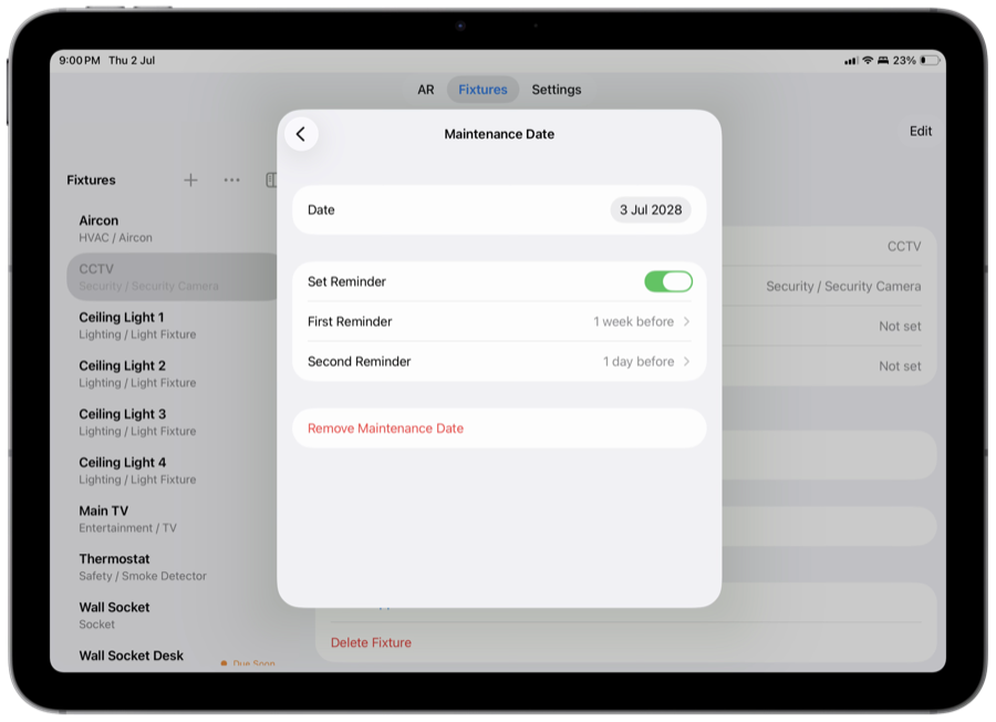 Setting a maintenance reminder in Husvarde on iPad