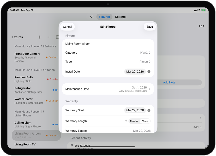 Editing a fixture in Husvarde on iPad, showing its maintenance date with a repeat schedule and reminders, and its warranty