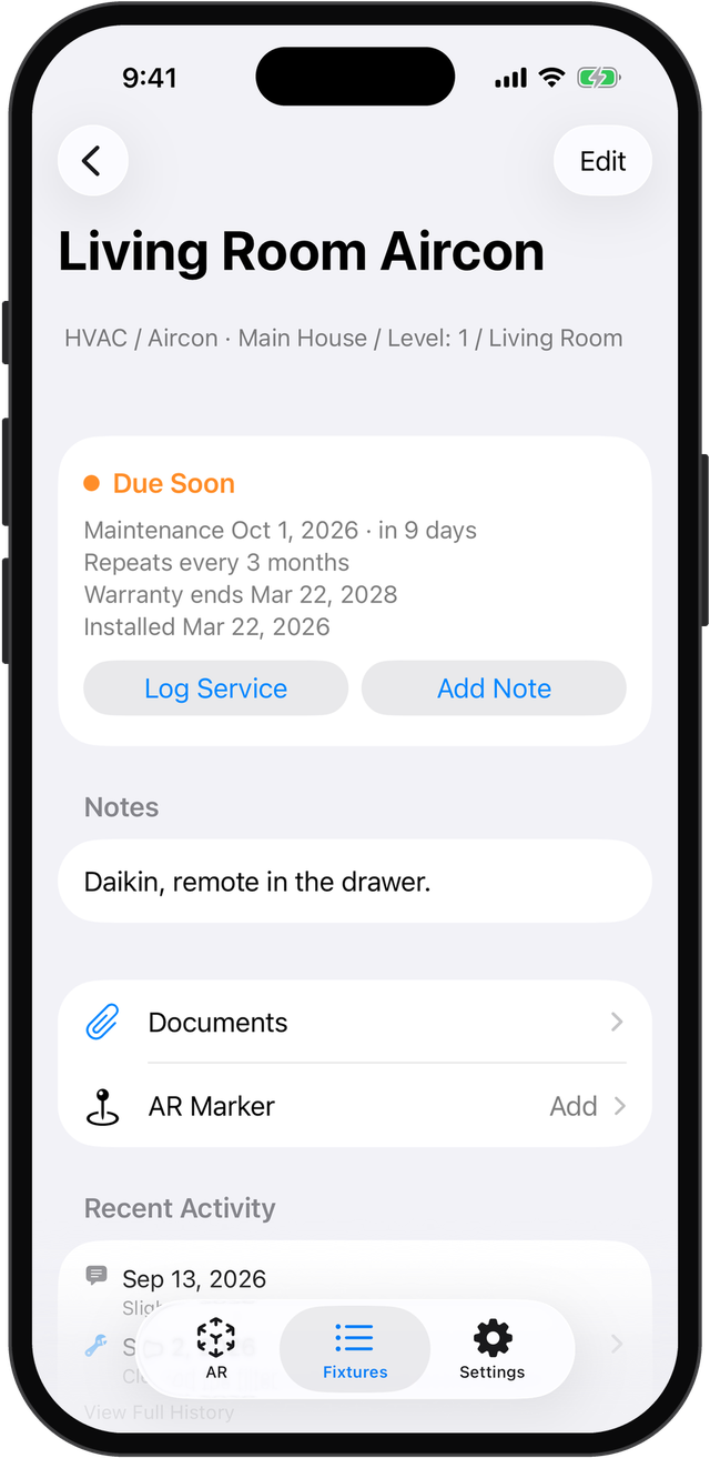 Husvarde fixture screen with a status card, repeat schedule, warranty, and Log Service and Add Note buttons