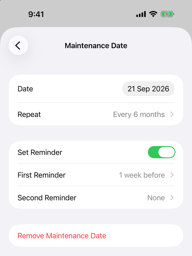 Husvarde's Maintenance Date page with Repeat set to every 6 months and a reminder turned on