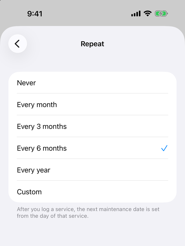 Husvarde's Repeat picker: never, every month, every 3 months, every 6 months, every year, or custom