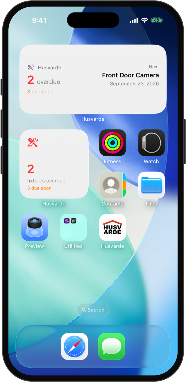 An iPhone Home Screen with a small and a medium Husvarde widget showing overdue and due-soon fixtures and the next reminder
