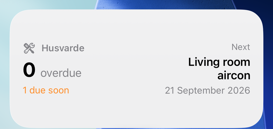 The medium Husvarde widget showing 0 overdue, 1 due soon, and the next upcoming fixture