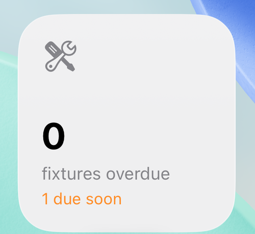 The small Husvarde widget showing 0 fixtures overdue and 1 due soon